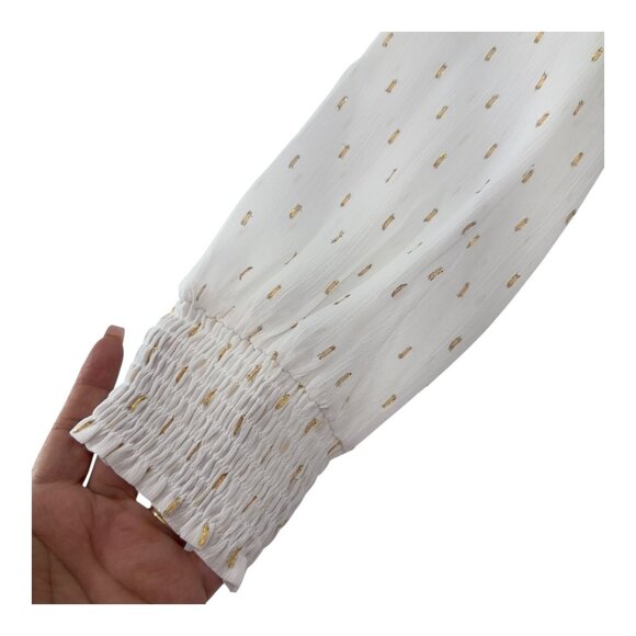 Express White & Gold Swiss Dot Blouse Shirred Mock Neck & Elastic Cuffs SZ XL - Picture 8 of 13